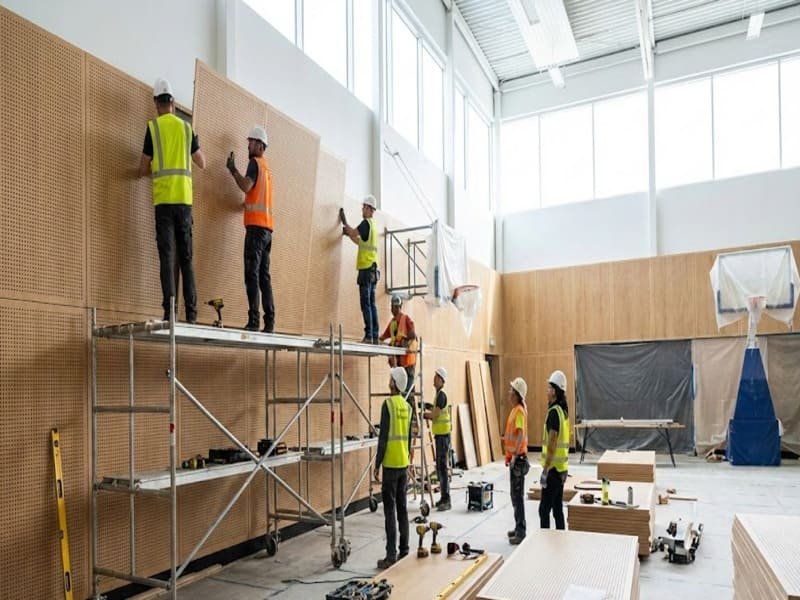 sports hall acoustic wall panels and ceiling baffles installation